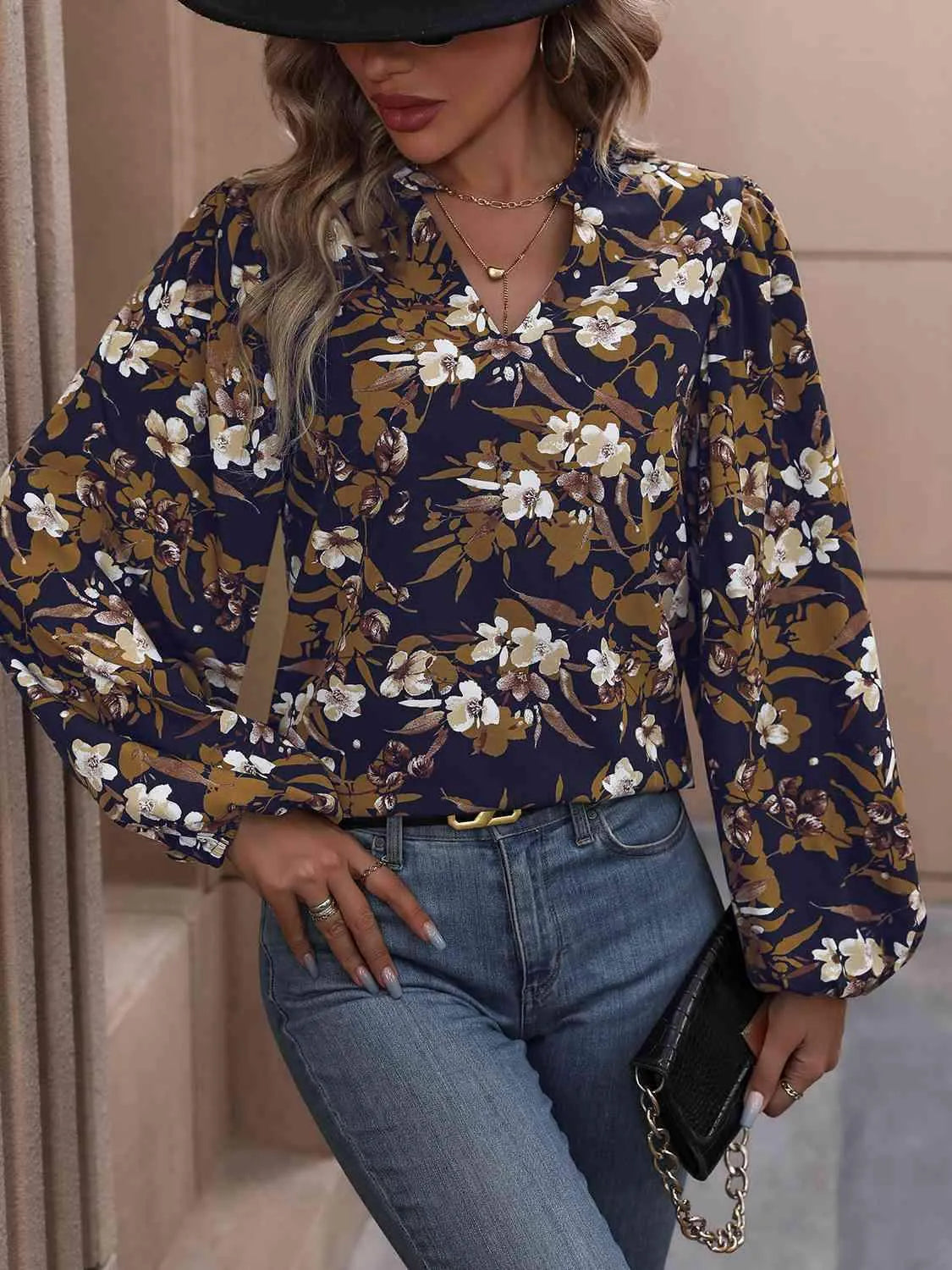 Floral Notched Balloon Sleeve Blouse Blouses - Tophatter Daily Deals