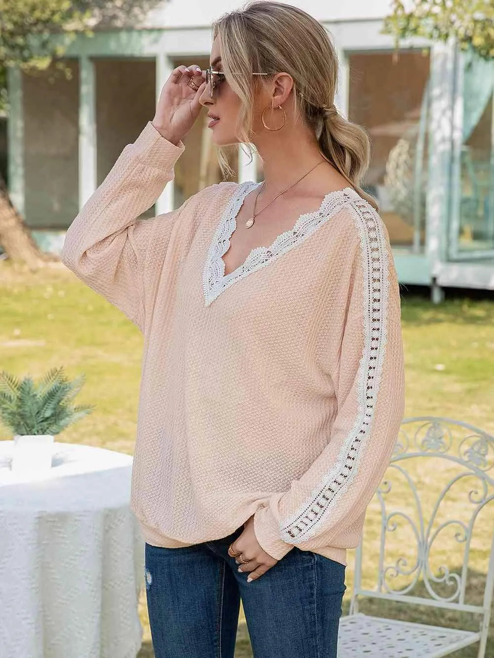 Contrast Spliced Lace V-Neck Top Light Apricot Blouses - Tophatter Daily Deals