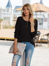 Quarter Button Round Neck Dropped Shoulder T-Shirt Women's T-Shirts - Tophatter Daily Deals