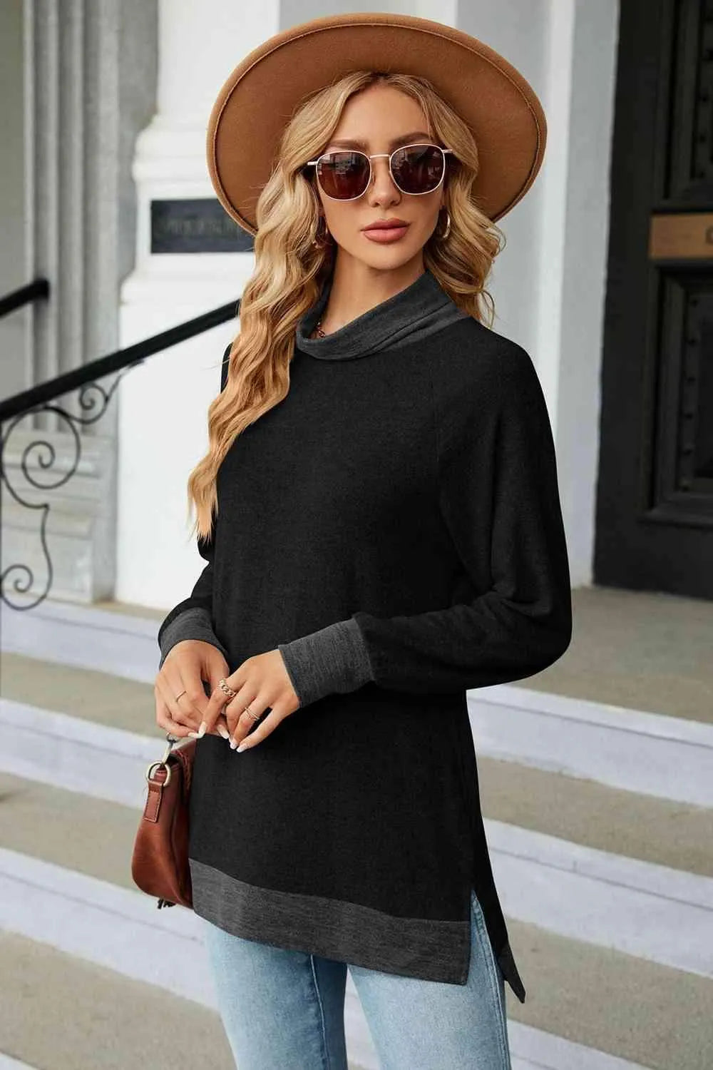 Turtle Neck Long Sleeve Slit Blouse Blouses - Tophatter Daily Deals