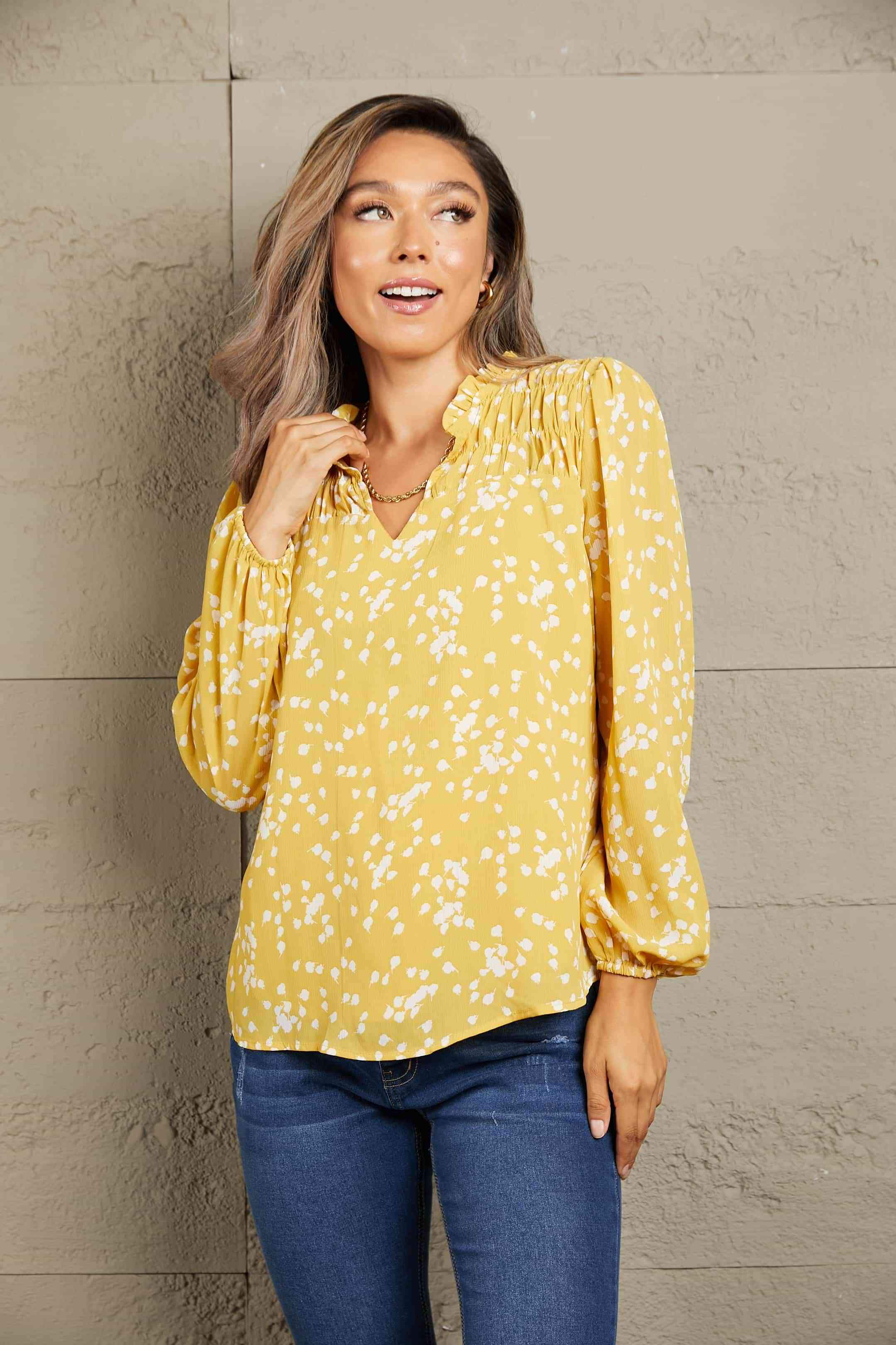 Double Take Printed Notched Neck Smocked Blouse Blouses - Tophatter Daily Deals