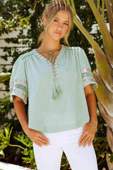 Bohemian Tassel Half Puff Sleeve Top Mint Blouses - Tophatter Daily Deals