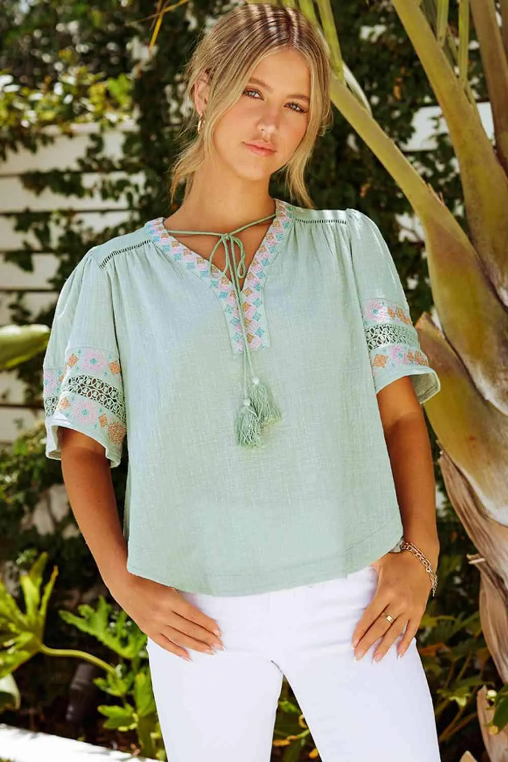 Bohemian Tassel Half Puff Sleeve Top Mint Blouses - Tophatter Daily Deals