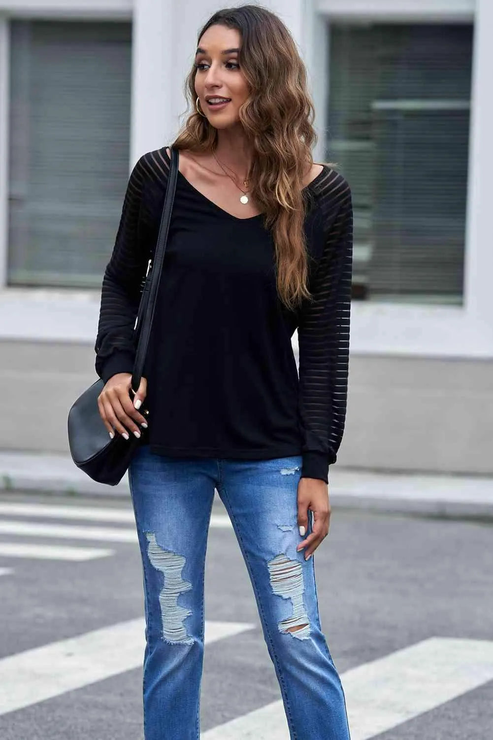 Sheer Striped V-Neck Top Blouses - Tophatter Daily Deals