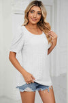 Eyelet Puff Sleeve Round Neck Top Blouses - Tophatter Daily Deals