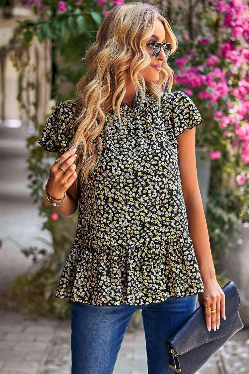 Floral Short Sleeve Peplum Top Blouses - Tophatter Daily Deals