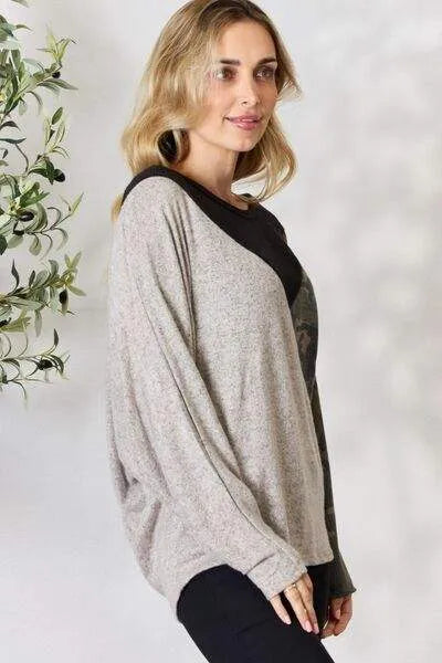 BiBi Brushed Hacci Color Block Long Sleeve Top Blouses - Tophatter Daily Deals