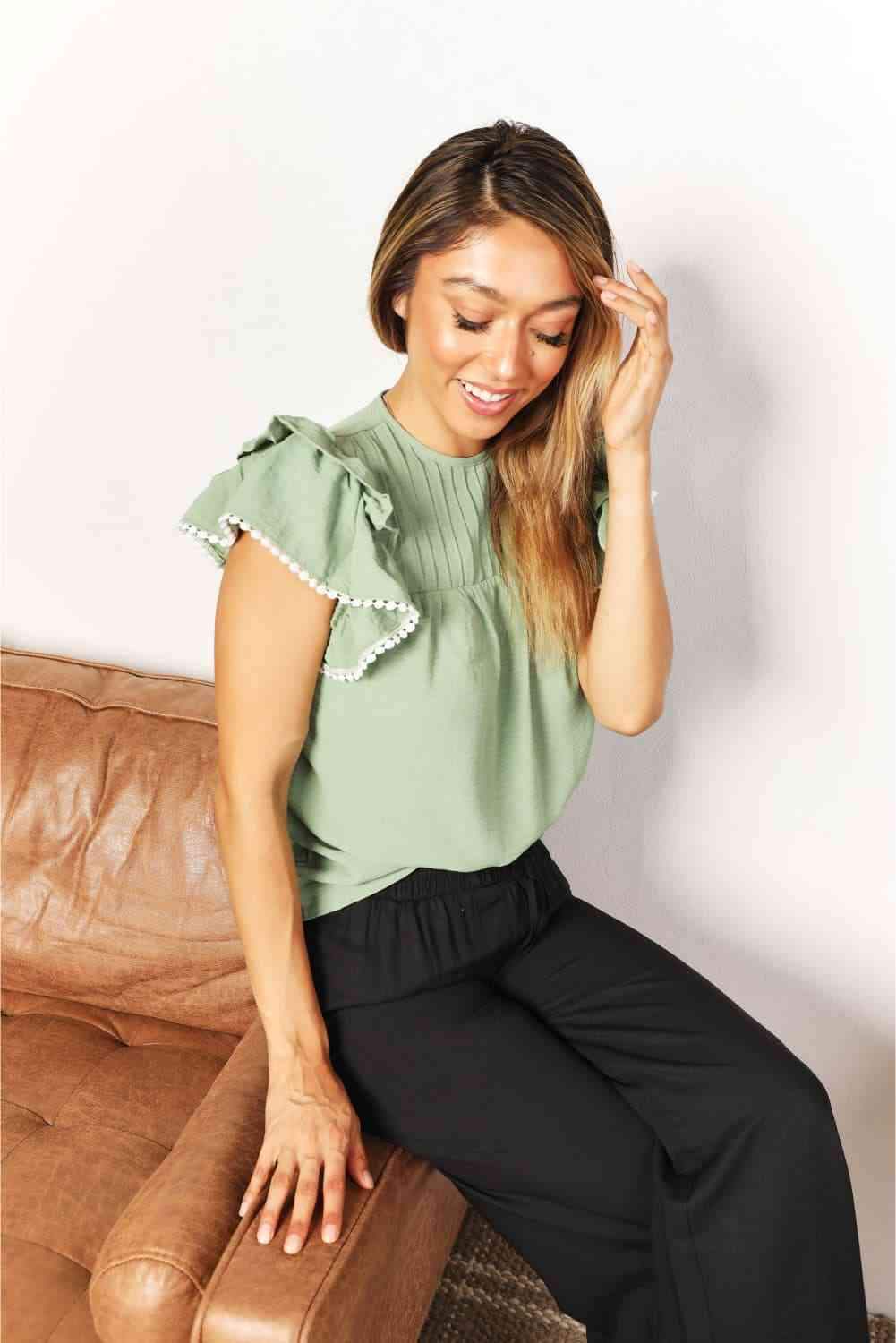 Double Take Pleated Detail Flutter Sleeve Blouse Blouses - Tophatter Daily Deals