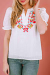 Embroidered Notched Neck Flounce Sleeve Top Blouses - Tophatter Daily Deals