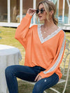 Contrast Spliced Lace V-Neck Top Orange Blouses - Tophatter Daily Deals