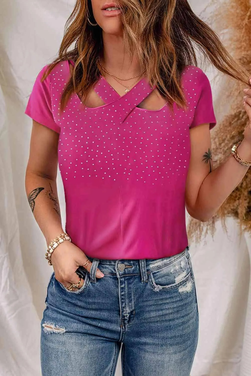 Rhinestone Crisscross Short Sleeve Top Deep Rose S Women's T-Shirts - Tophatter Daily Deals