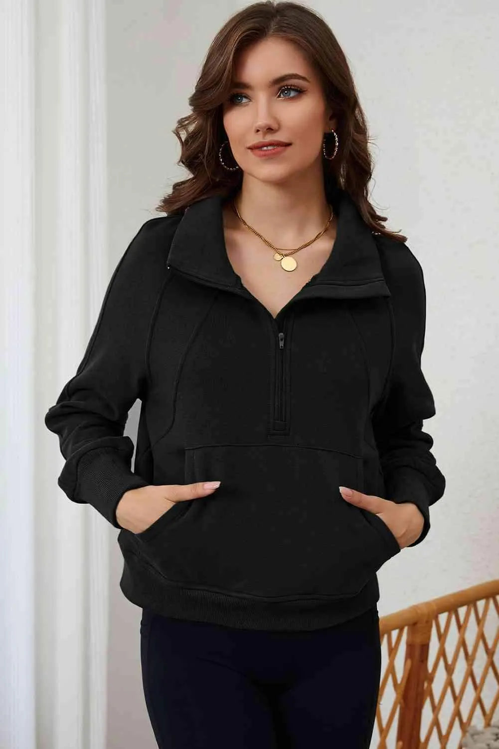 Zip-Up Collared Neck Raglan Sleeve Sweatshirt Black Blouses - Tophatter Daily Deals
