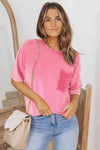 Round Neck Dropped Shoulder Top with Pocket Rouge Pink Women's T-Shirts - Tophatter Daily Deals