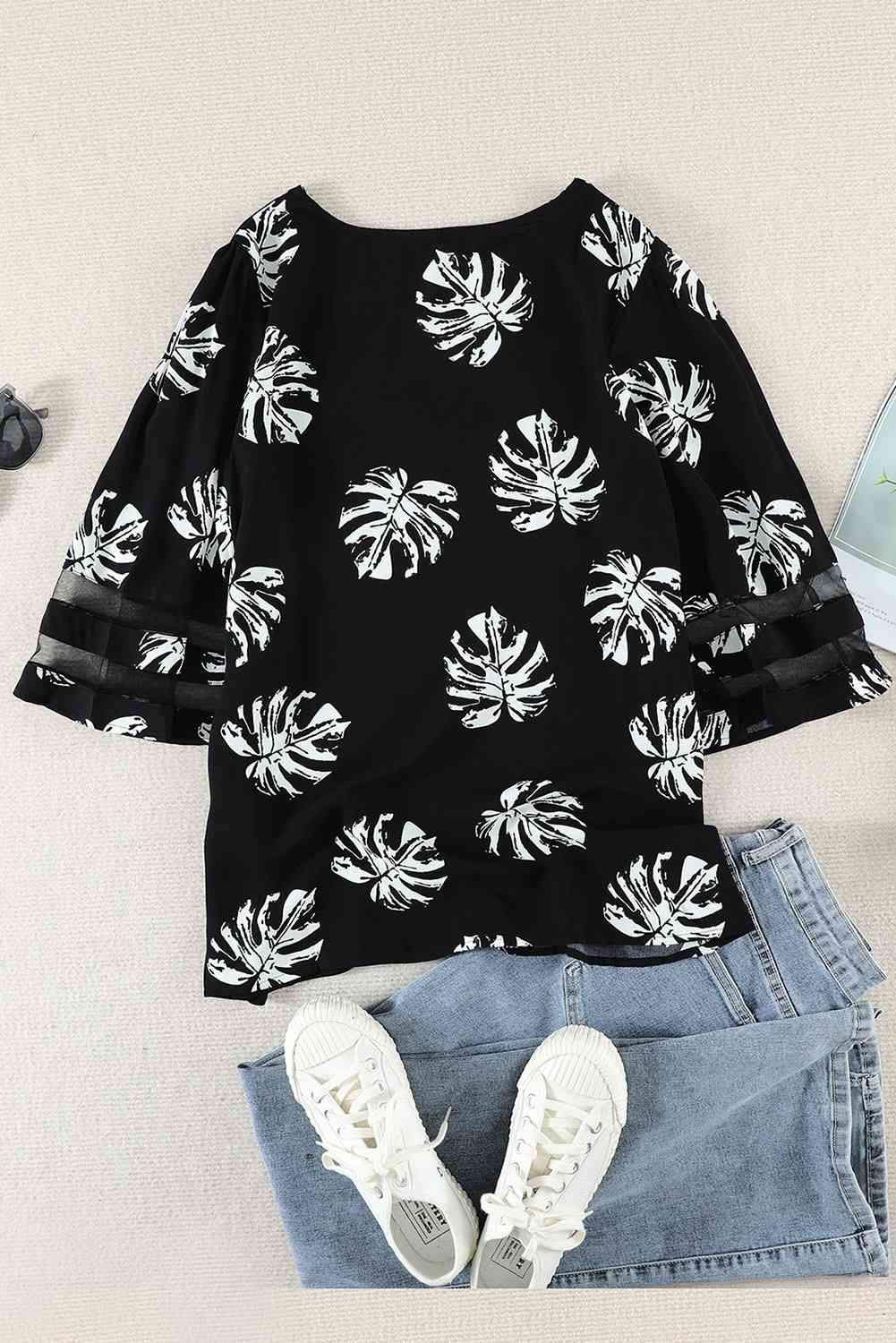 Botanical Print V-Neck Puff Sleeve Blouse Blouses - Tophatter Daily Deals