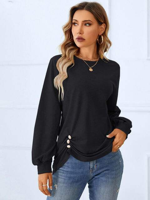 Ruched Detail Round Neck T-Shirt Women's T-Shirts - Tophatter Daily Deals