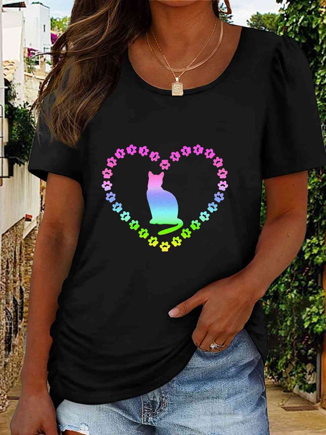 Full Size Cat Heart Graphic Short Sleeve T-Shirt Women's T-Shirts - Tophatter Daily Deals