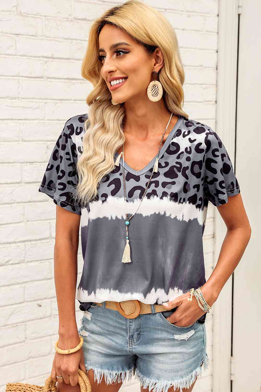 Leopard V-Neck Tee Shirt Gray Women's T-Shirts - Tophatter Daily Deals