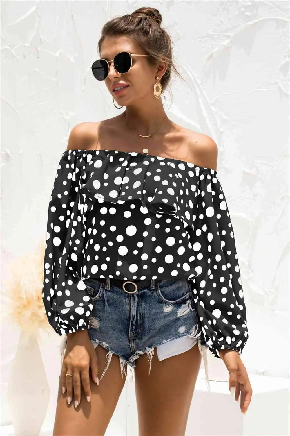 Polka Dot Off-Shoulder Layered Blouse Blouses - Tophatter Daily Deals