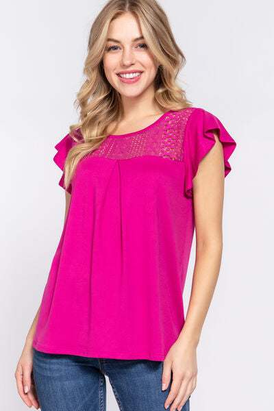 ACTIVE BASIC Ruffle Short Sleeve Lace Detail Knit Top MAGENTA Blouses - Tophatter Daily Deals