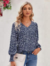 Printed V-Neck Lantern Sleeve Blouse Navy Blouses - Tophatter Daily Deals