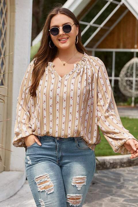 Plus Size Striped Notched Neck Blouse Tan Blouses - Tophatter Daily Deals