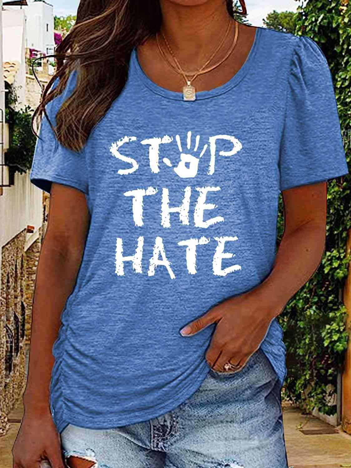 Round Neck Short Sleeve STOP THE HATE Graphic T-Shirt Women's T-Shirts - Tophatter Daily Deals