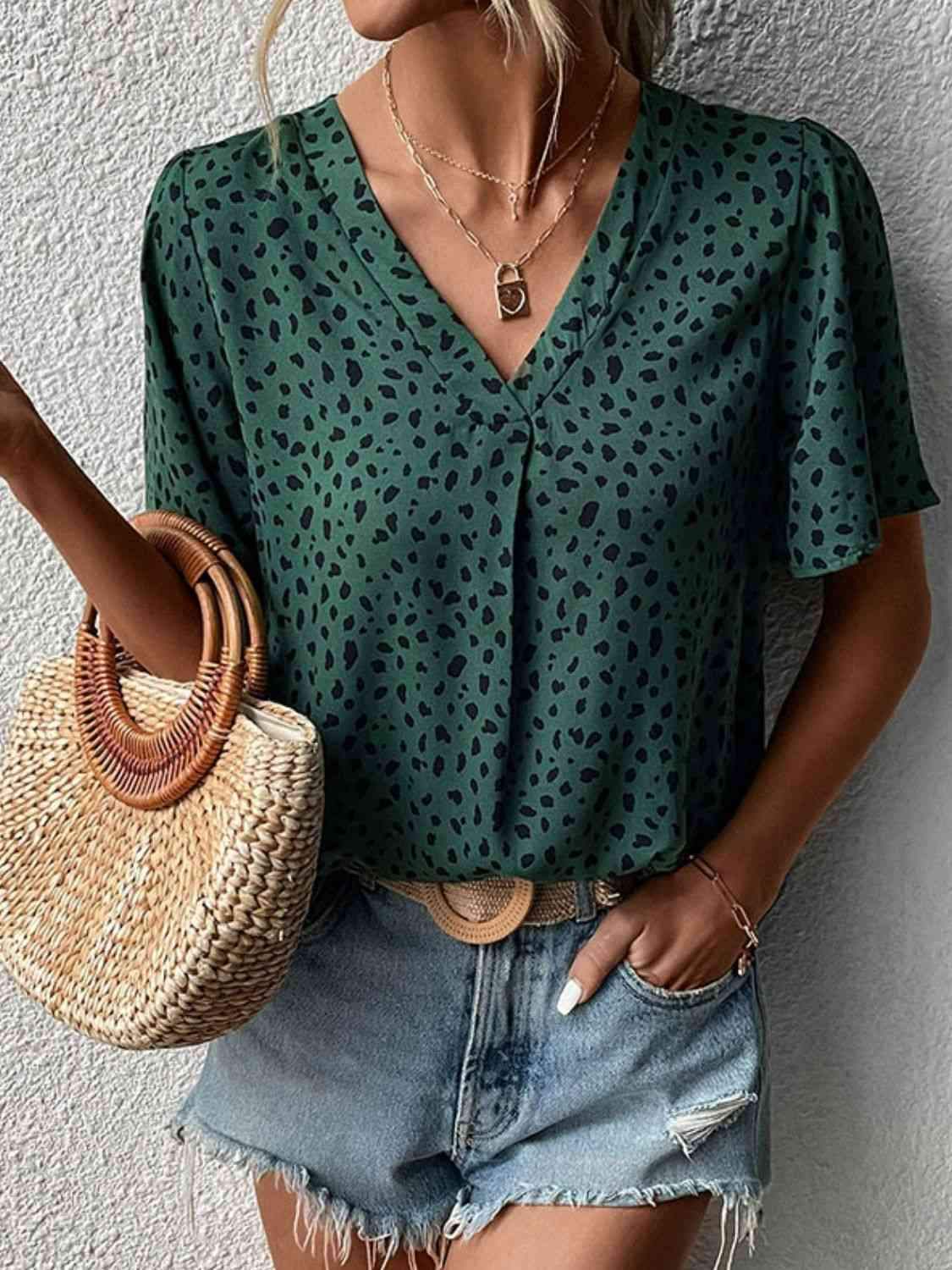 Animal Print V-Neck Flutter Sleeve Blouse Blouses - Tophatter Daily Deals