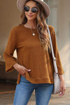 Ribbed Round Neck Slit Top Taupe Blouses - Tophatter Daily Deals