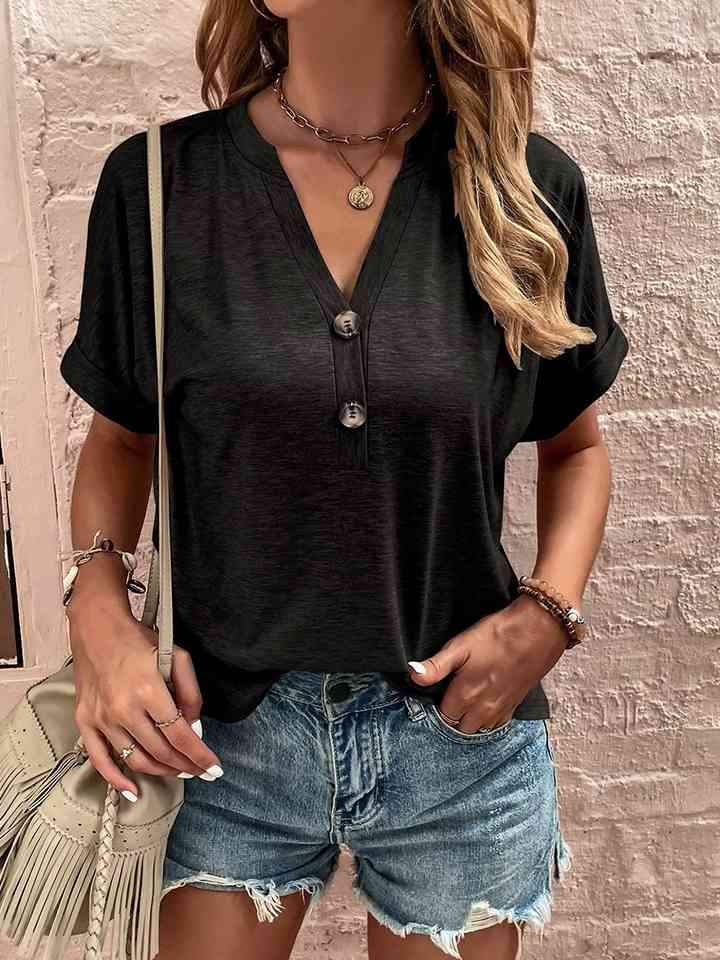 Notched Neck Short Sleeve Blouse Blouses - Tophatter Daily Deals