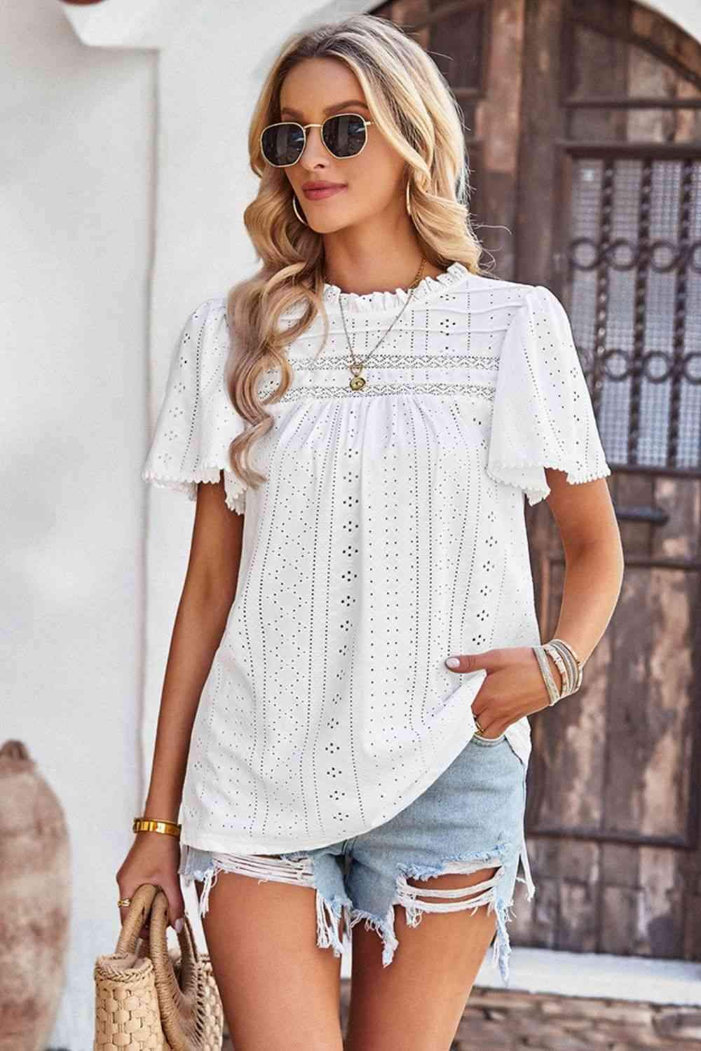 Frill Trim Round Neck Eyelet Puff Sleeve Blouse Blouses - Tophatter Daily Deals