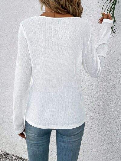 Waffle-Knit Lace Detail V-Neck Long Sleeve T-Shirt Women's T-Shirts - Tophatter Daily Deals