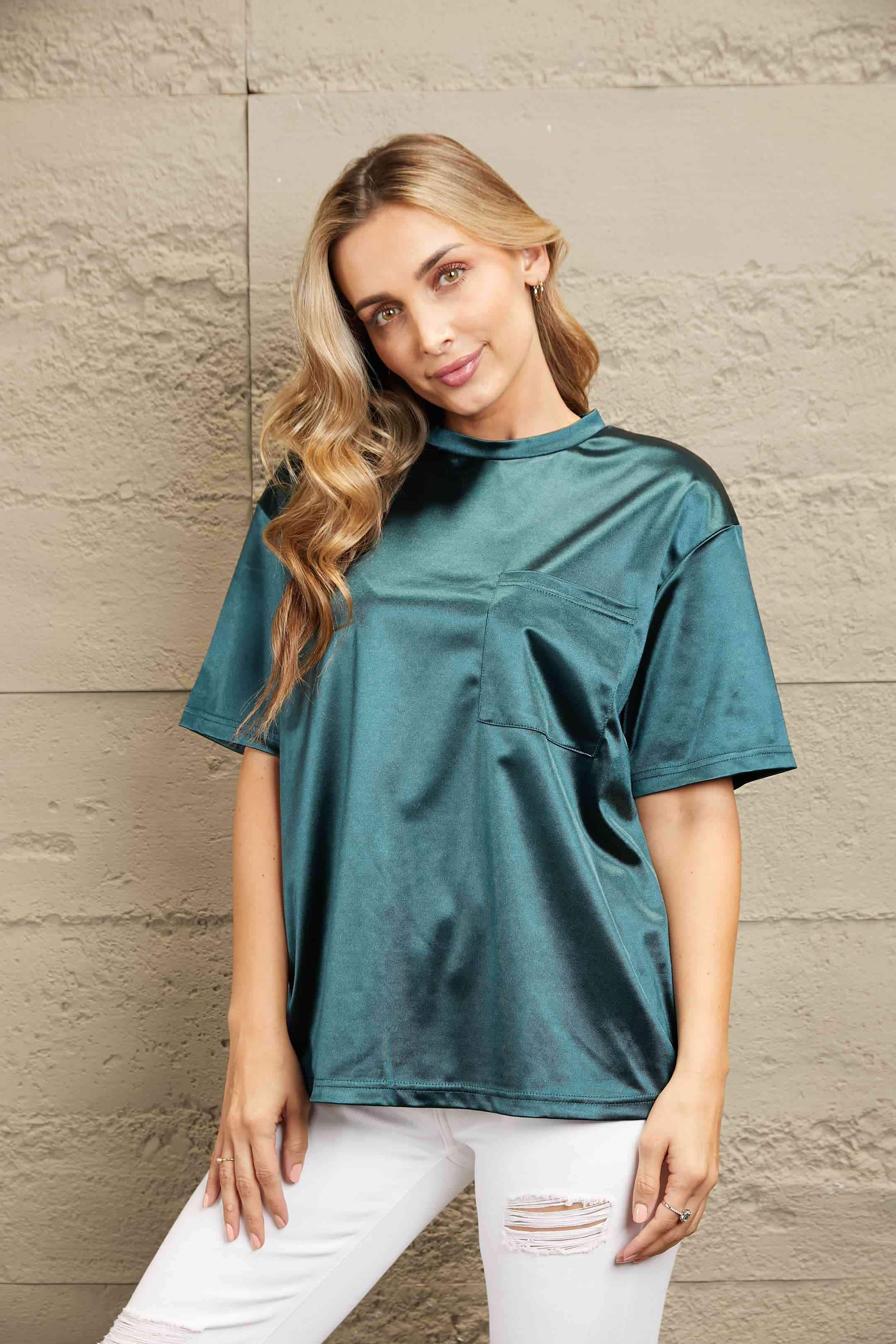 Double Take Round Neck Dropped Shoulder Top Women's T-Shirts - Tophatter Daily Deals