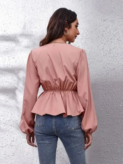 V-Neck Balloon Sleeve Peplum Blouse Blouses - Tophatter Daily Deals