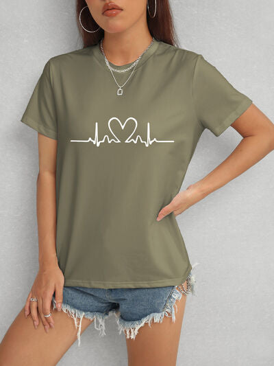 Heart Round Neck Short Sleeve T-Shirt Army Green Women's T-Shirts - Tophatter Daily Deals