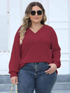 Plus Size Ribbed V-Neck Long Sleeve Top Deep Red Women's T-Shirts - Tophatter Daily Deals