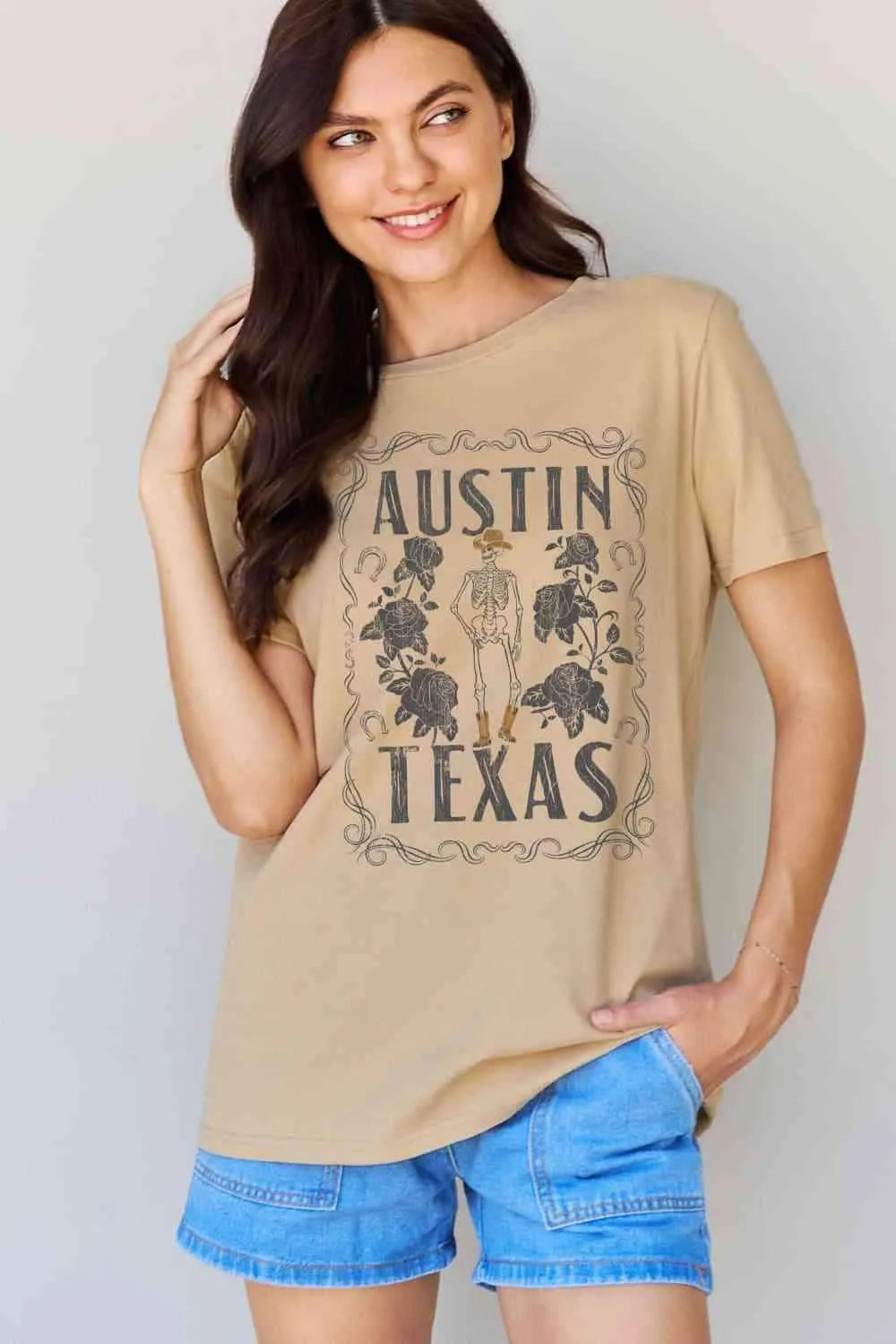 Simply Love Full Size AUSTIN TEXAS Graphic Cotton T-Shirt Taupe Women's T-Shirts - Tophatter Daily Deals