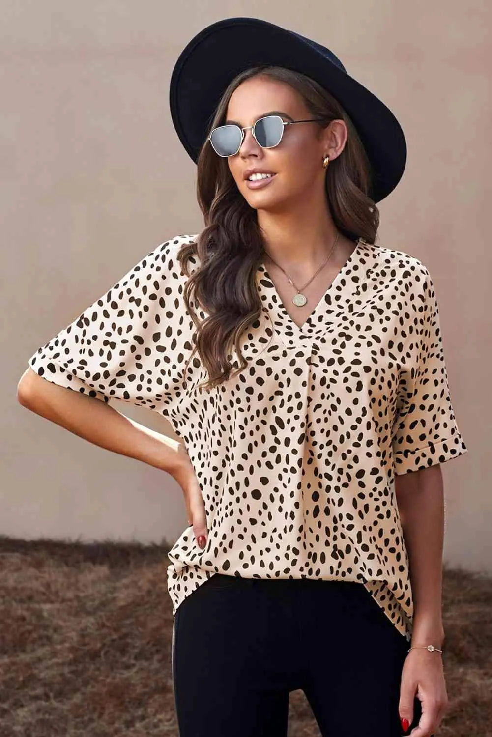 Printed V-Neck Cuffed Tunic Top Blouses - Tophatter Daily Deals