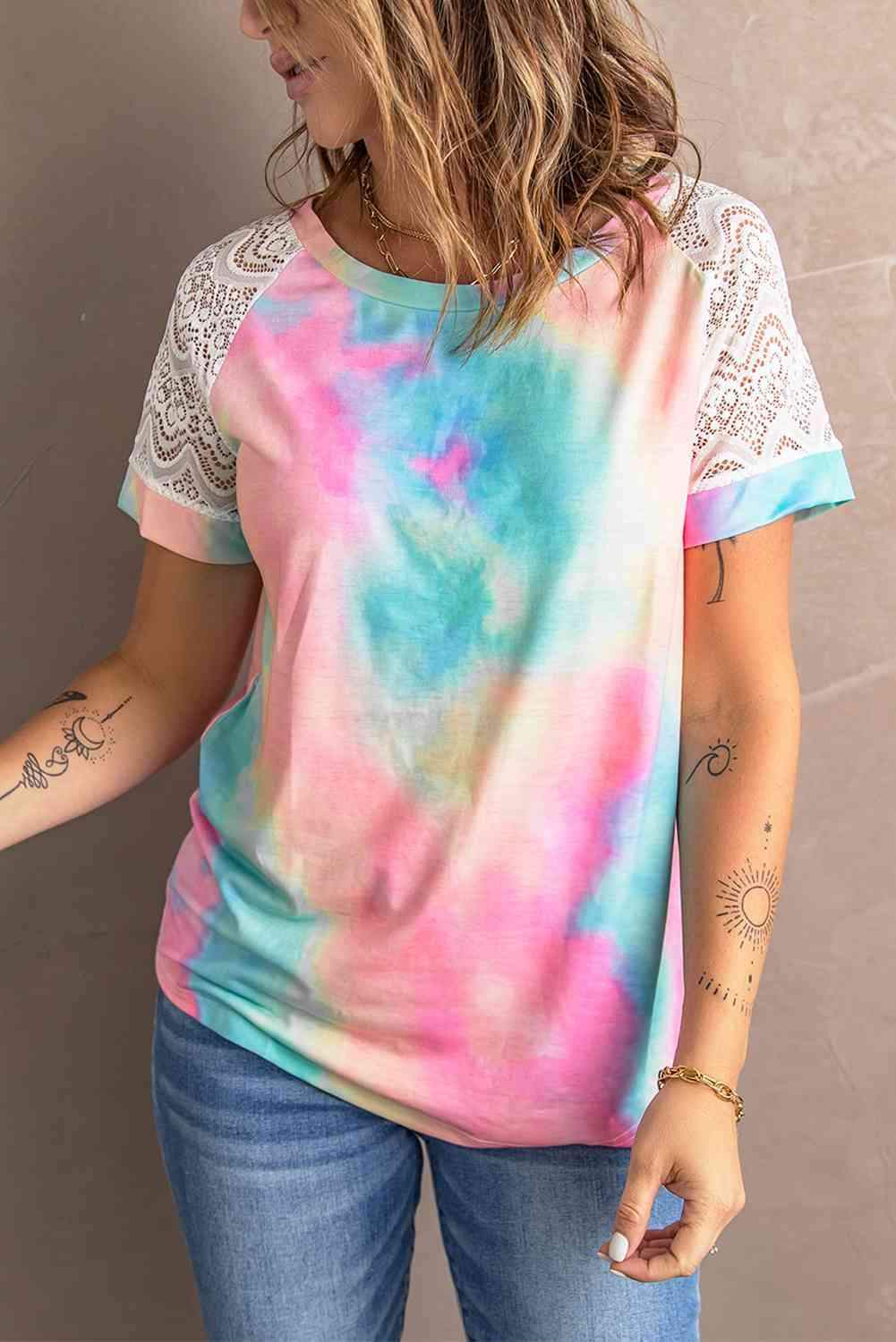 Tie-Dye Spliced Lace Raglan Sleeve Tee Multicolor Women's T-Shirts - Tophatter Daily Deals