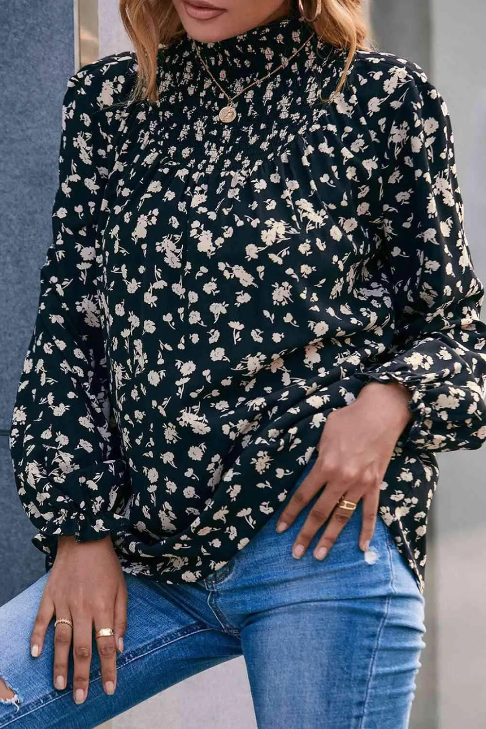 Floral Mock Neck Blouse Blouses - Tophatter Daily Deals