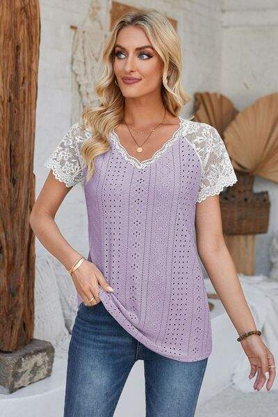 Eyelet V-Neck Lace Short Sleeve T-Shirt Lavender Women's T-Shirts - Tophatter Daily Deals