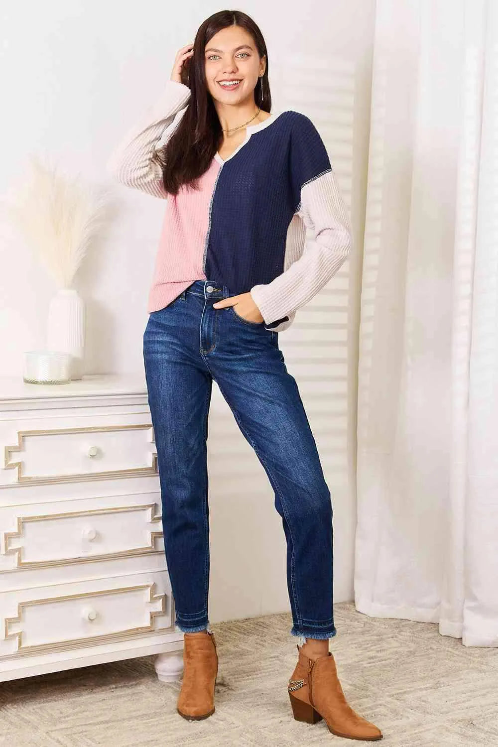 Heimish Full Size Solid Color Block Contrast Top Blouses - Tophatter Daily Deals