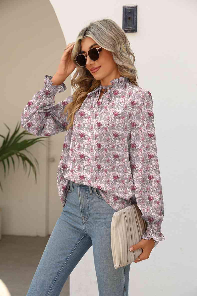 Printed Tie Neck Flounce Sleeve Blouse Blouses - Tophatter Daily Deals