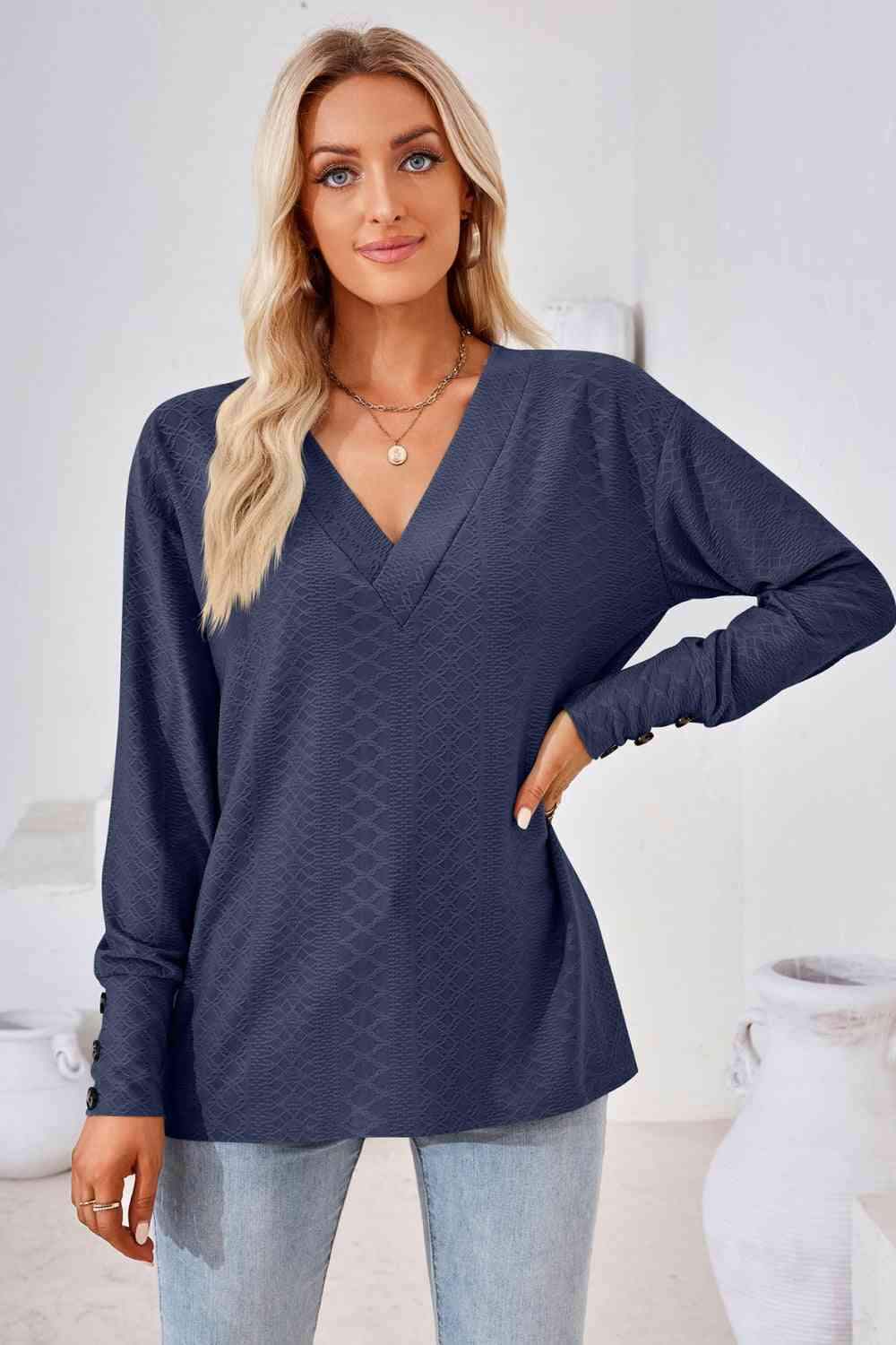 V-Neck Long Sleeve Blouse Blouses - Tophatter Daily Deals