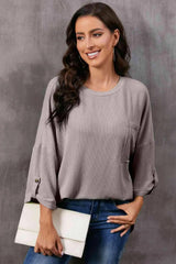 Round Neck Slit Roll-Tab Sleeve Oversize Top Heather Gray Women's T-Shirts - Tophatter Daily Deals