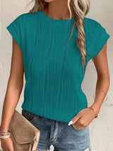 Textured Round Neck Cap Sleeve T-Shirt Teal Women's T-Shirts - Tophatter Daily Deals