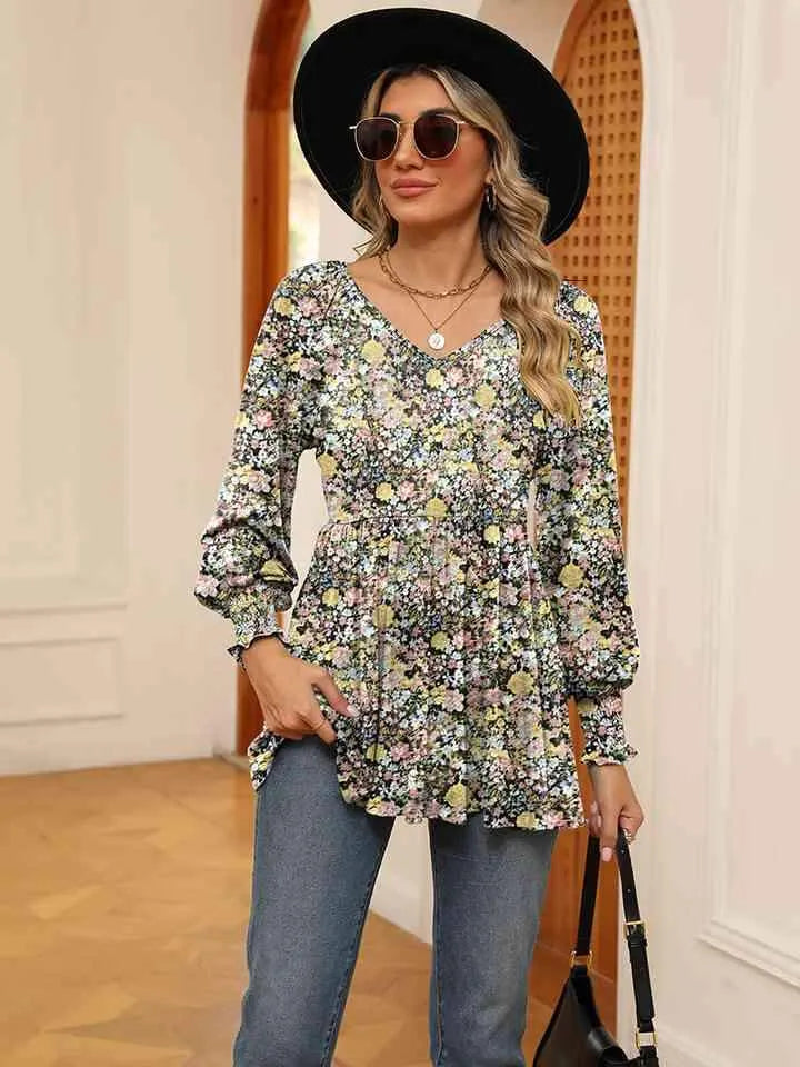 Printed V-Neck Lantern Sleeve Blouse Blouses - Tophatter Daily Deals
