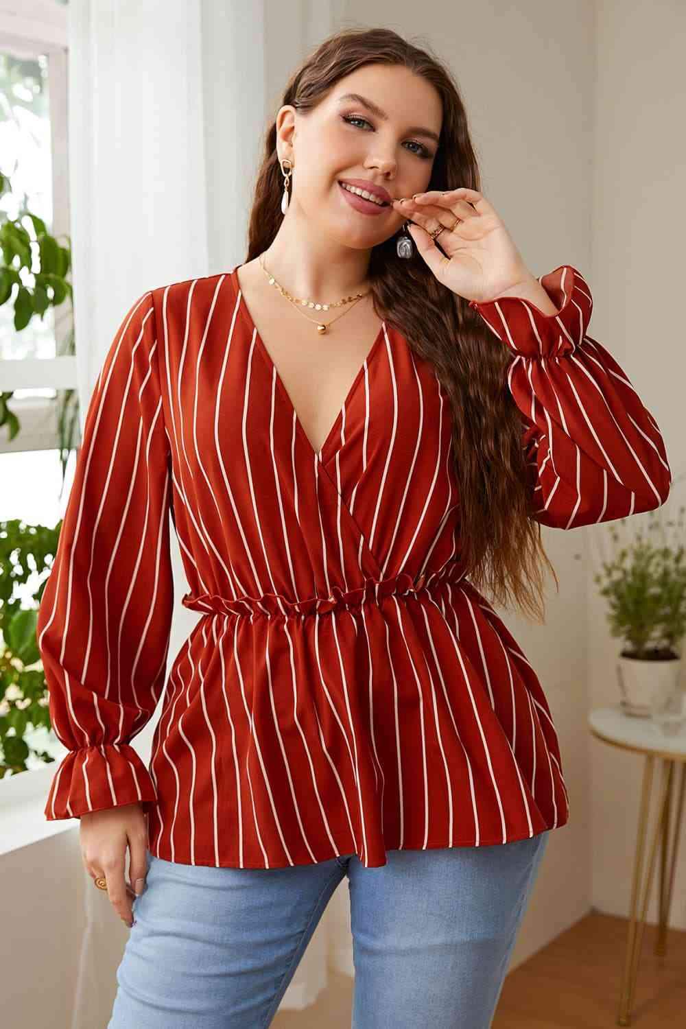 Melo Apparel Plus Size V-Neck Frill Trim Blouse Deep Red Blouses - Tophatter Daily Deals