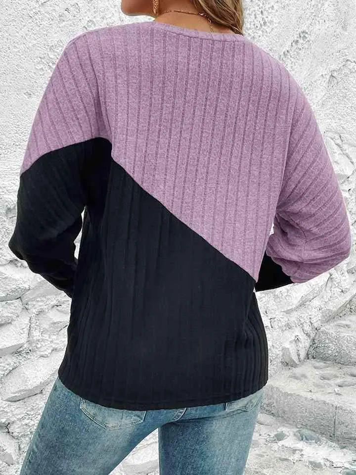 Contrast Buttoned V-Neck Blouse Blouses - Tophatter Daily Deals