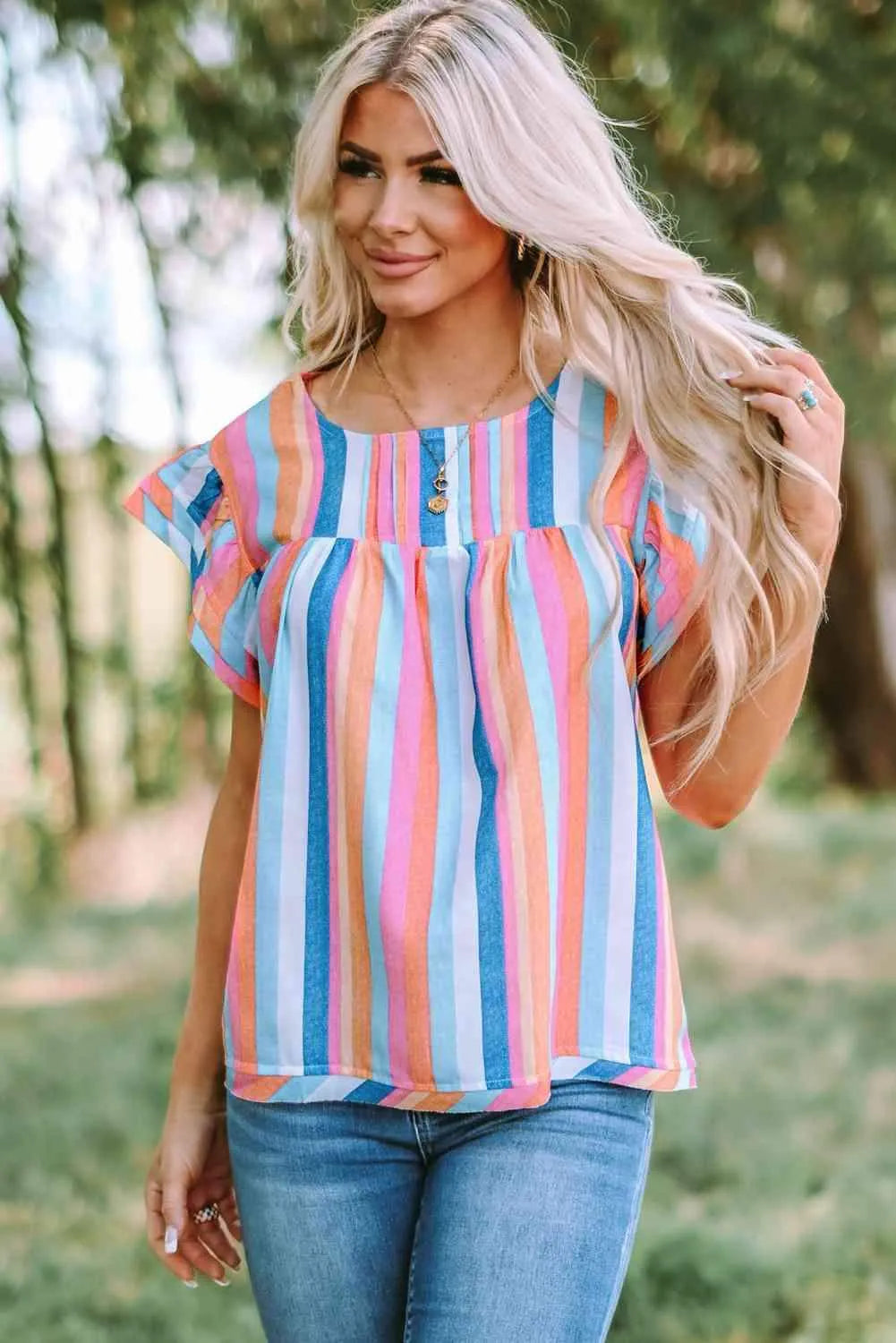 Multicolored Stripe Flutter Sleeve Blouse Blouses - Tophatter Daily Deals