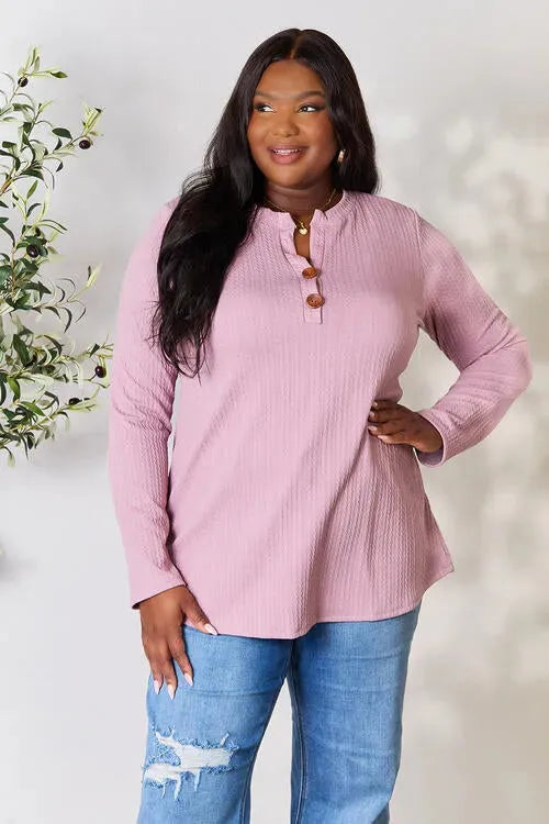 Celeste Full Size Texture Half Button Long Sleeve Blouse MAUVE Blouses - Tophatter Daily Deals